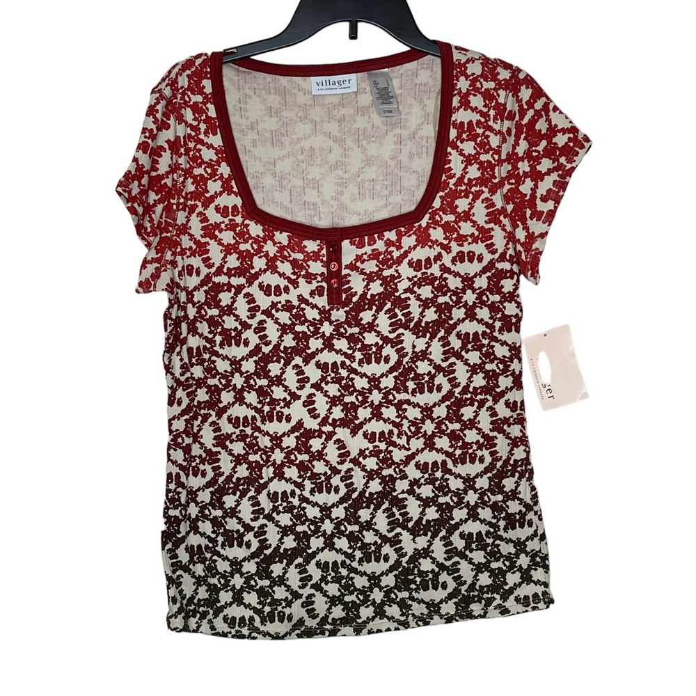 Villager Liz Claiborne Women Large Rib Square Neck Henley Short Sleeve Top NWT‎